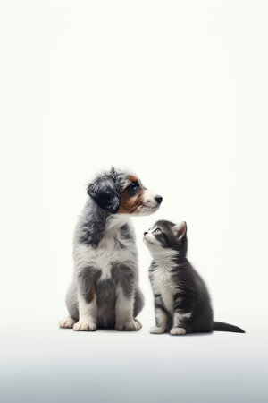 Cute little kitten and blue merle Australian shepherd puppy sitting together isolated on white background.の素材