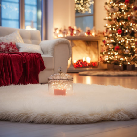 Christmas tree with candles in glass jar on fur carpet in living roomの素材