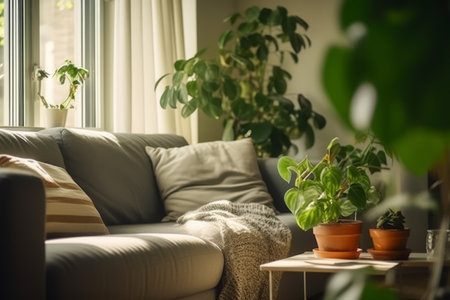Interior of living room with comfortable sofa and houseplants in potsの素材