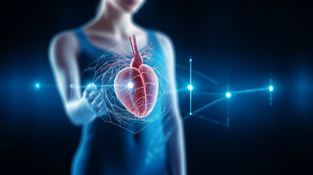Female doctor on dark blue background holding a human heartの素材