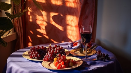 Still life with glass of red wine and grape on a table in the sunlightの素材