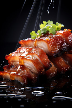 japanese cuisine. roast pork on a black background with water dropsの素材