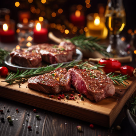 Grilled beef steaks with rosemary and spices on wooden boardの素材