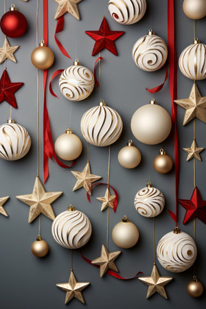 Christmas baubles and stars on a gray background.の素材