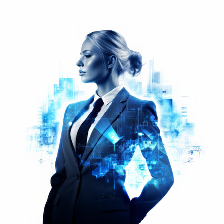 Image of young attractive businesswoman in suit against modern cityscape backgroundの素材