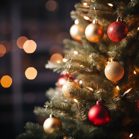 Christmas tree with red and golden baubles on bokeh backgroundの素材