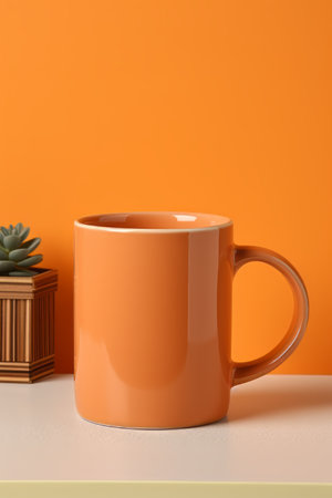 Orange ceramic mug with succulent plant on white table against orange wallの素材
