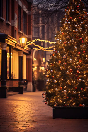 Christmas tree on the street in the evening. New Year and Christmas holidaysの素材