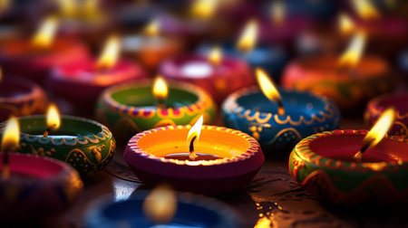 Colorful diya lamps lit during Diwali celebration, selective focusの素材