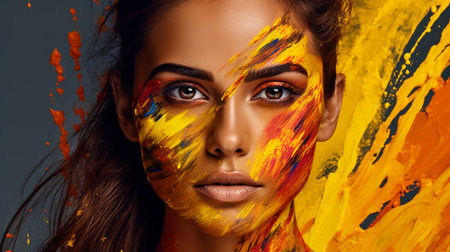 Portrait of a beautiful woman with creative make-up and multicolor paint on her face.の素材