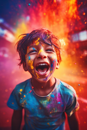 Portrait of a cute little boy playing with holi powder on colorful backgroundの素材
