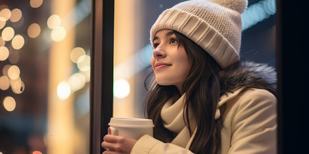 beautiful young woman in winter hat and scarf holding cup of coffee at nightの素材
