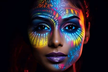 Close-up portrait of beautiful young woman with multicolor make-upの素材