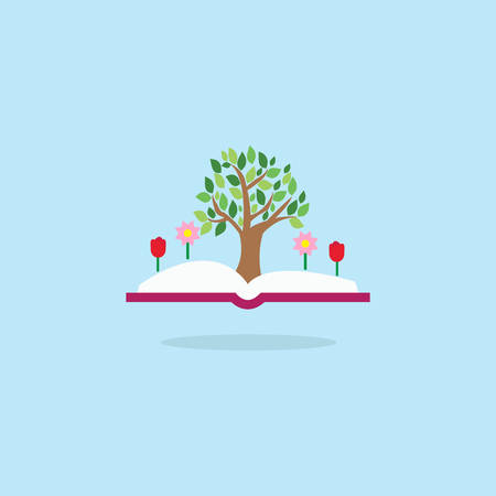 Open book with tree and flowers. Inspiration pictogram. Power of knowledge and education sign.のイラスト素材