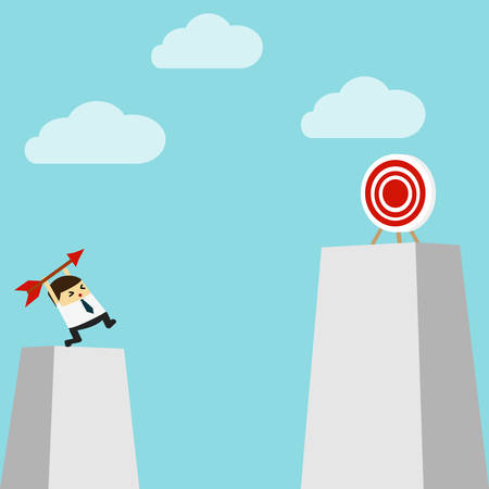 Confused businessman look for target in wrong direction.Flat design business concept cartoonのイラスト素材