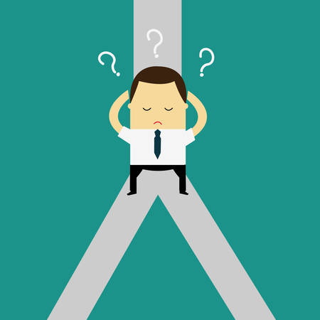 Confused, Standing at the crossroad.Choice way concept. Decision business metaphor. Vector flat style design.のイラスト素材