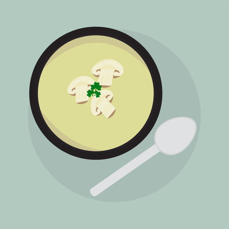 Mushroom soup in bowl with spoon. Flat style vector illustration.のイラスト素材
