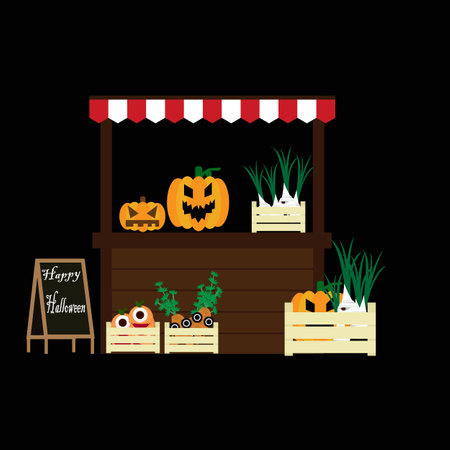 Pumpkin stall in flat style on black background. Vector illustration.のイラスト素材