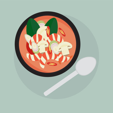 Tomato soup with mushrooms in a bowl. Vector illustration in flat styleのイラスト素材