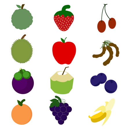 Fruits and berries icon set in flat style. Vector illustration.のイラスト素材