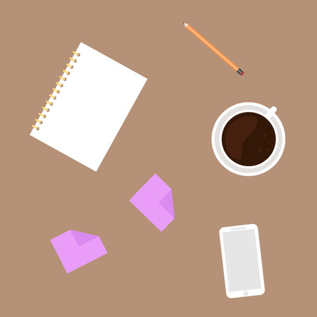 Office table with notepad, coffee cup and smartphone. Vector illustrationのイラスト素材