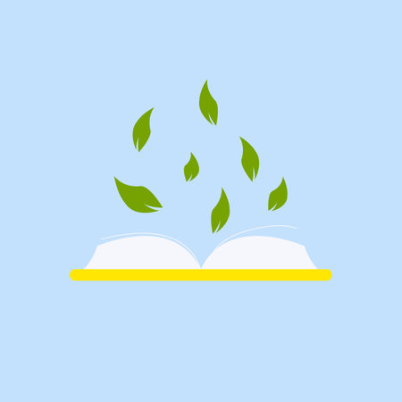 Open book with green leaves isolated on blue background. Vector illustration.のイラスト素材