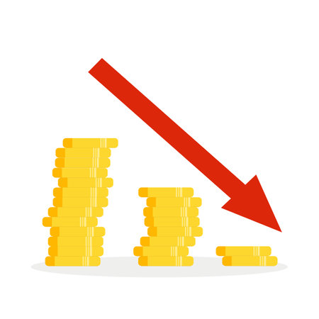 Pile of gold coins and red arrow down. Flat vector illustration.のイラスト素材