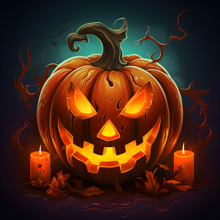 Halloween pumpkin with burning candles on dark background. Vector illustration.の素材