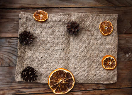 Background for a card, cloth, oranges and Christmas. Natural, eco-friendly.の写真素材
