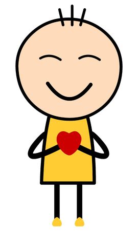 Vector Illustration of a boy cartoon in yellow dress holding red heart and smiling with closed eyes. Suitable for Love, happiness or valentine.のイラスト素材