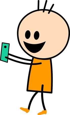 Vector Illustration of a cute boy cartoon in yellow dress playing and enjoying his mobile phone while walking.のイラスト素材