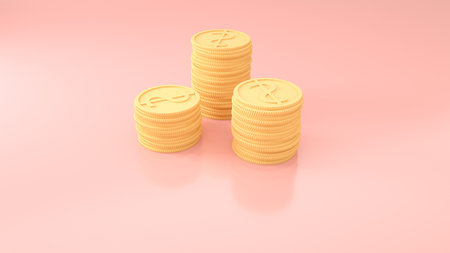 3D Gold Coins Stack on pink background, 3D coins icon for web banner, and mobile application icon.の写真素材