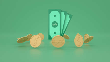 Cash dollar bills and floating coins around on green background. money-saving, cashless society...