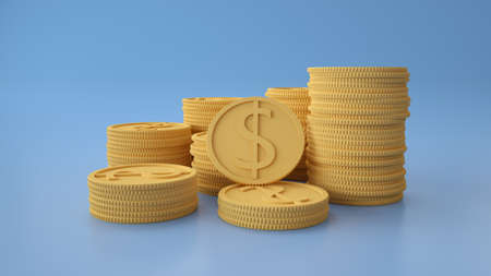 Stacks of dollar coins on blue background. Finance , savings,investment 3d illustrationの写真素材