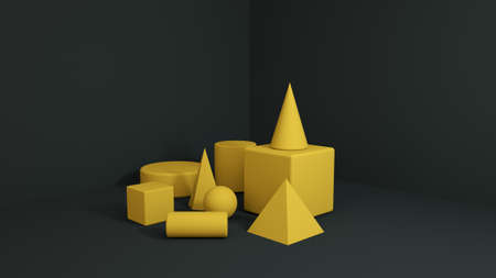 Modern Primitive yellow 3d shapes in corner .Minimal abstract background for product presentation 3d illustrationの写真素材