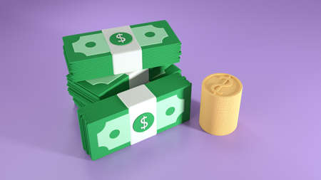 Cash Bundles and coins stack on purple background. money-saving, cashless society concept. 3d render illustrationの写真素材