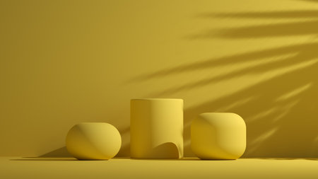 Modern yellow pedestals podium with empty room with sunlight shadow through leaves 3d rendering products displayの写真素材