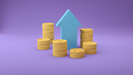 Coin stacks with upward arrow illustrating growth in finance,business,stock market, cryptocurrencies and success conceptの写真素材