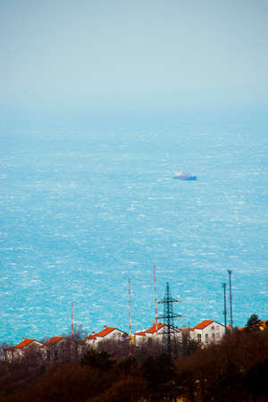 Gale-force wind Bora, Trieste, Italy. Top-view of city and Adriatic sea