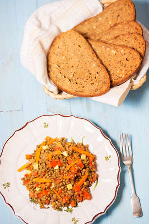 Vegetarian lentils salad with vegetables, rustic styleの写真素材