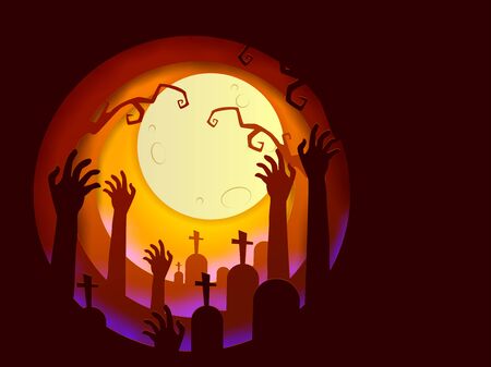 Paper art of Halloween with yellow light, vector art and illustration.のイラスト素材