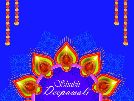 Illustration of burning diya on Shubh Deepawali Holiday background for light festival of Indiaのイラスト素材