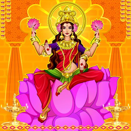 Illustration,Poster Or Banner Design For Indian Festival Of Dhanteras With Beautiful Goddess Maa Laxmi Take Shiny Golden Coin Pot On Decorated Background.Happy Diwali Holliday Of Indiaのイラスト素材