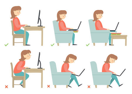 Correct and Incorrect Activities Posture in Daily Routine - Sitting and Working with a Computer. Woman character.のイラスト素材