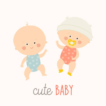 Two cute babies lying with baby pacifier. Toddler boy and girl laying and smiling. Cartoon vector hand drawn eps 10 illustration isolated on white backgroundのイラスト素材