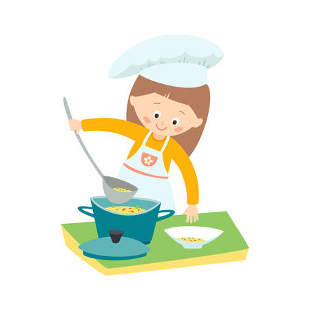 Little girl cooking a soup. Little chef. Vector hand drawn  clip art illustration isolated on white background.のイラスト素材