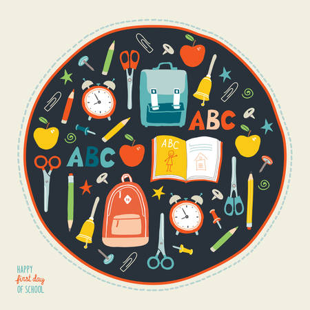 First day of school background. Card concept. Poster design. Set of funny hand drawn school icons. Vector clip art eps 10 illustration in flat styleのイラスト素材