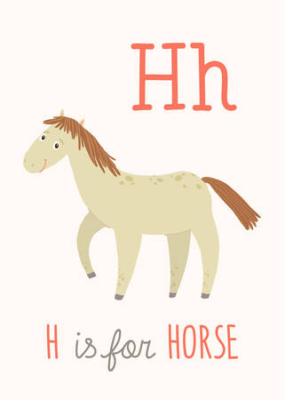 H letter tracing. Horse. Cute children farm alphabet flash card. Funny cartoon animal. Kids abc education. Learning English vocabulary. Vector illustrationのイラスト素材