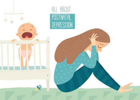 Depressed young woman with cute baby. Postpartum depression. Postnatal depression. Cartoon vector hand drawn eps 10 illustration isolated on white background.のイラスト素材