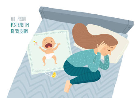Postpartum depression. Postnatal depression. Depressed young woman lying on the bed with a crying baby. Cartoon vector hand drawn eps 10 illustration isolated on white background.のイラスト素材